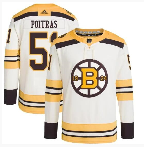 Men's Boston Bruins #51 Matthew Poitras Cream 100th Anniversary Stitched Jersey